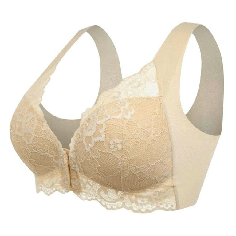 Front Closure Bra With Floral Lace Thin Wireless Soft Bra Front Bra Push Up  Full Coverage Underwear XL Nude 