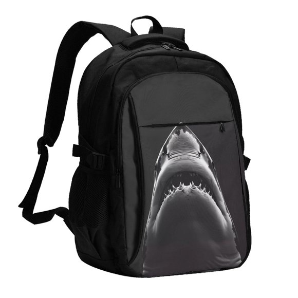 Balery Black And White Shark Mochila con carga USB para hombre y mujer - Mochila impermeable y antirrobo para laptop con puerto USB para viajes, trabajo