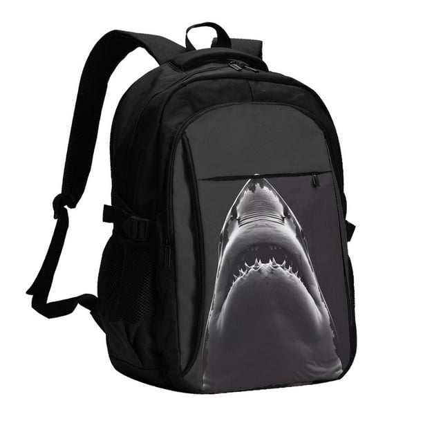 Balery Black And White Shark Mochila con carga USB para hombre y mujer - Mochila impermeable y antirrobo para portátil con puerto USB para viajes, trabajo, estudios y universidad