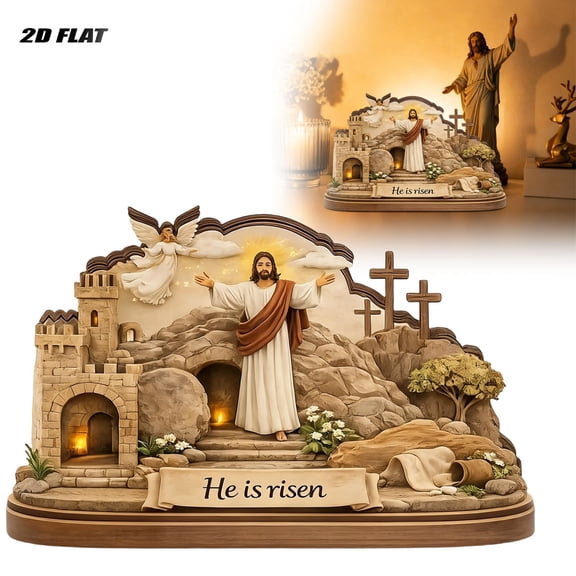 He Is Risen Easter 2D FLAT Wooden Block, Christian Resurrection Table Wooden Sign, Religious Home Decor, Empty Tomb Cross Wood Shelf, Easter Appreciation Gift