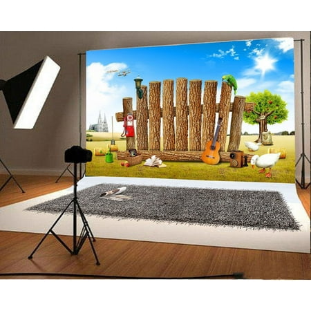 Image of Polyester Fabric Photography Backdrop 7x5ft Wood Fence Books Guitar Parrot Goose Children Kids Baby Portraits Props Shooting Video Studio
