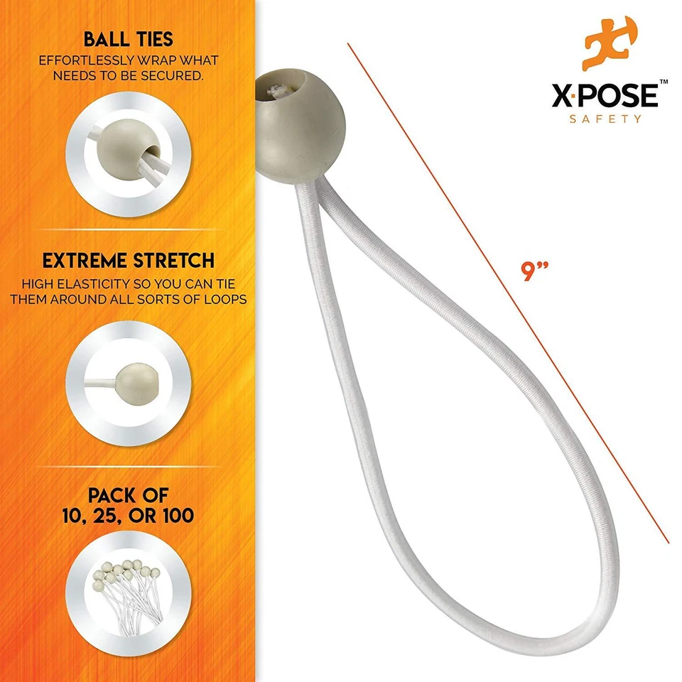 CIRCLE- 9” White Ball Bungee Cord Tarp Bungee Tie Down Strap - 25 Pack
