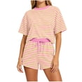 thumbnail image 2 of Ailaofu Womens Striped Two Piece Outfit Short Sleeve Crew Neck Top and Drawstring Waist Shorts Set Casual Loungewear Tracksuit, 2 of 6