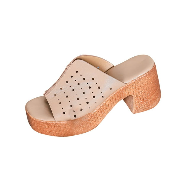 Heeled Sandals for Womens Block Mid Heel Platform Peep Toe Hollow out Leather Pumps Khaki