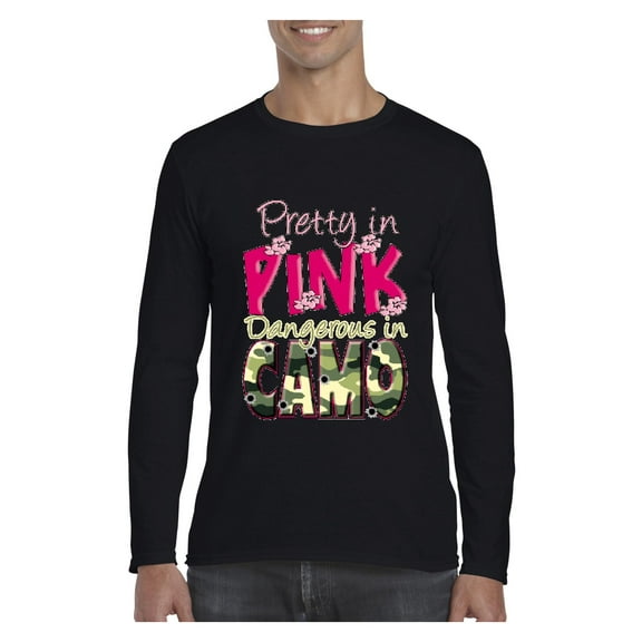 Mens Long Sleeve T-Shirts - Pretty in Pink Dangerous in Camo