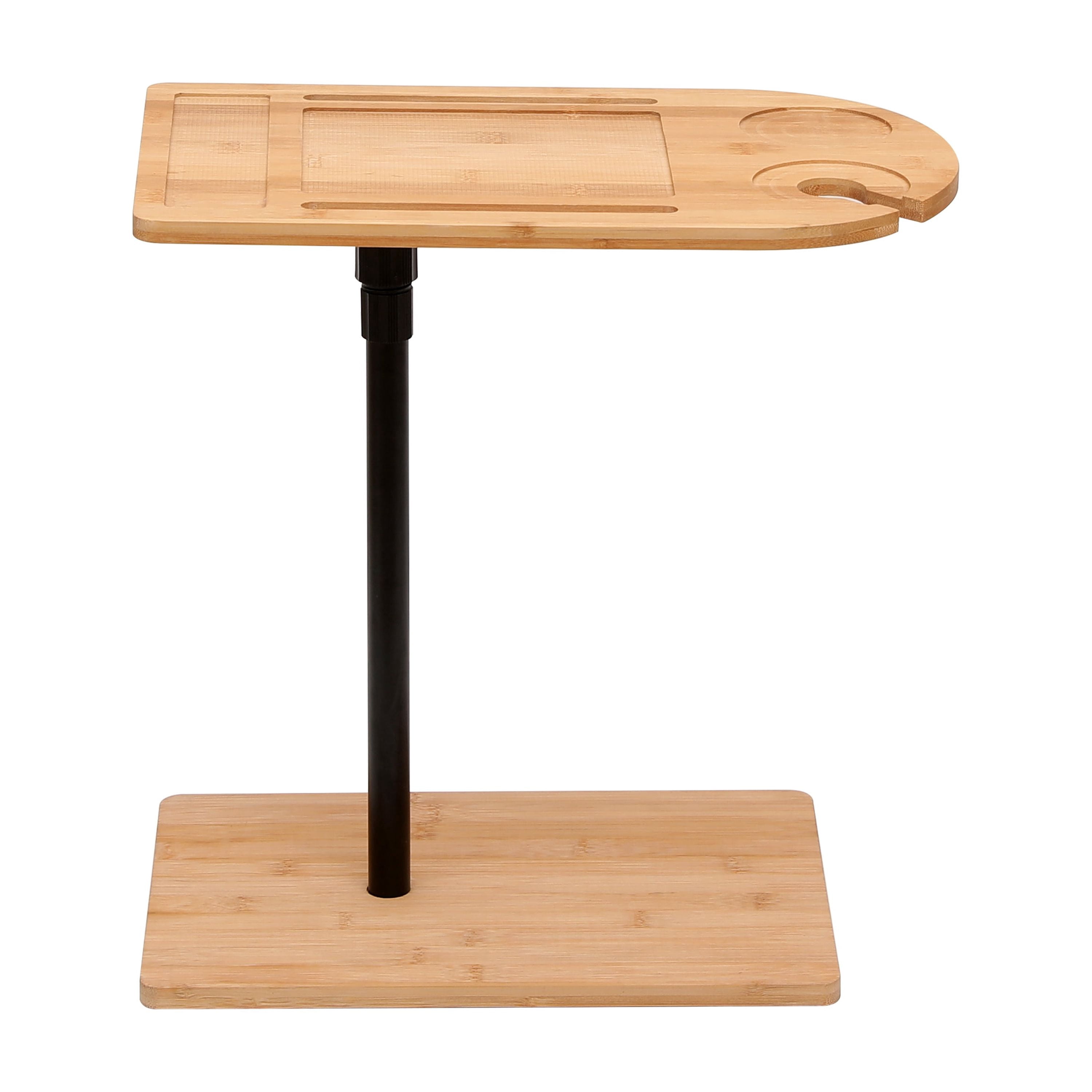 C-Shaped Side Table with Height Adjustment and Tray Slots, Bamboo Couch Table with Cup Holder and Tablet Stand for Sofa Chair and Bed, Oval + Rectangle, Natural