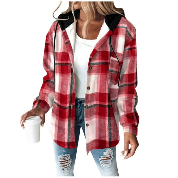 Stamzod Winter Fleece Jacket Women Fashion Plaid Printed Long Sleeve Button Down Hooded Jackets Casual Thicked Warm Coats for Women with Pocket Red XXL