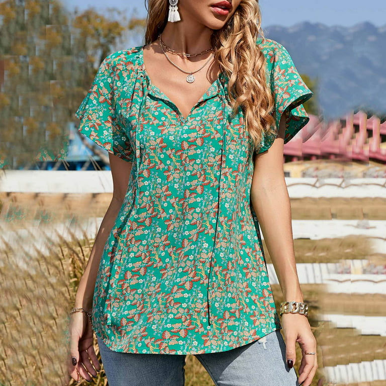 V-Neck Embroidered Boho Babydoll Blouse Top Women Casual 3/4