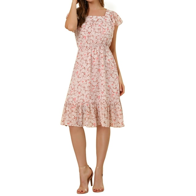 INSPIRE CHIC Junior's Boho Flutter Sleeve Belted Square Neck Ruffled Hem Midi Dress
