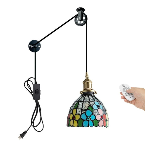 Kiven Plug in Pendant Light, Farmhouse Hanging Light Fixture with Remote and Glass Lampshade, E26 Socket Dimmable Pendant Light for Bedroom Hallway Kitchen, TB3238-A
