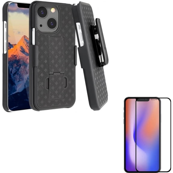 Case Belt Clip & Screen Protector for iPhone 13 ONLY - Holster Swivel Cover Kickstand Armor   Anti-Glare Tempered Glass Matte 3D Curved Edge Combo