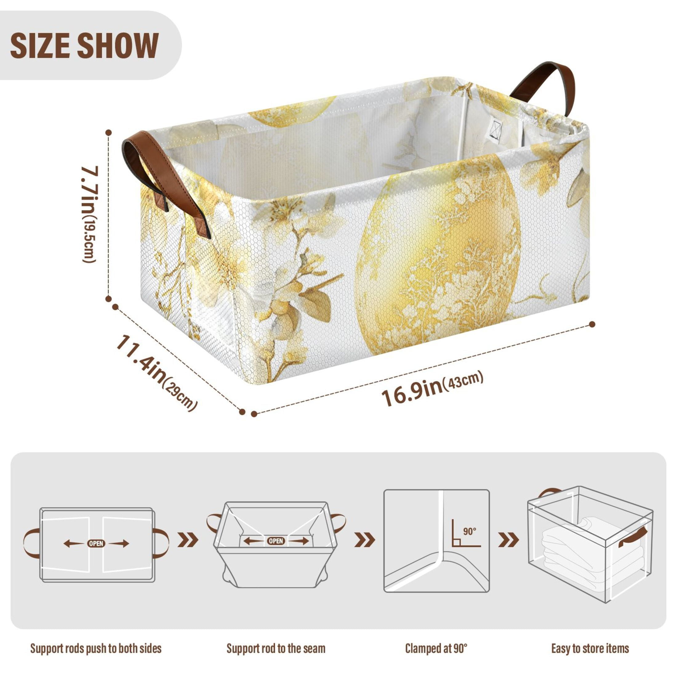 Gold Easter Eggs Flowers Storage Bins with Handles Foldable Storage Baskets for Shelves Organizer Cloth Baskets