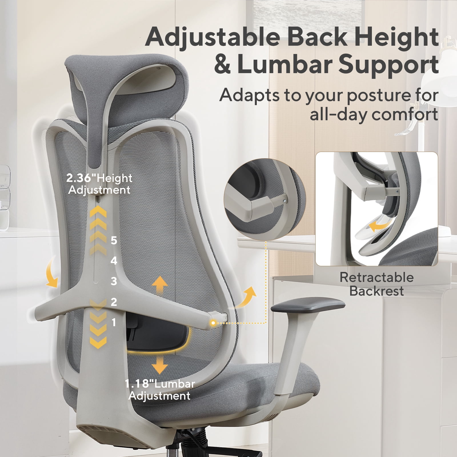 Nouhaus Fluido Ergonomic Office Chair - Adjustable Back Height & Dynamic Lumbar Support, High Back Mesh Executive Desk Chair,  Gray
