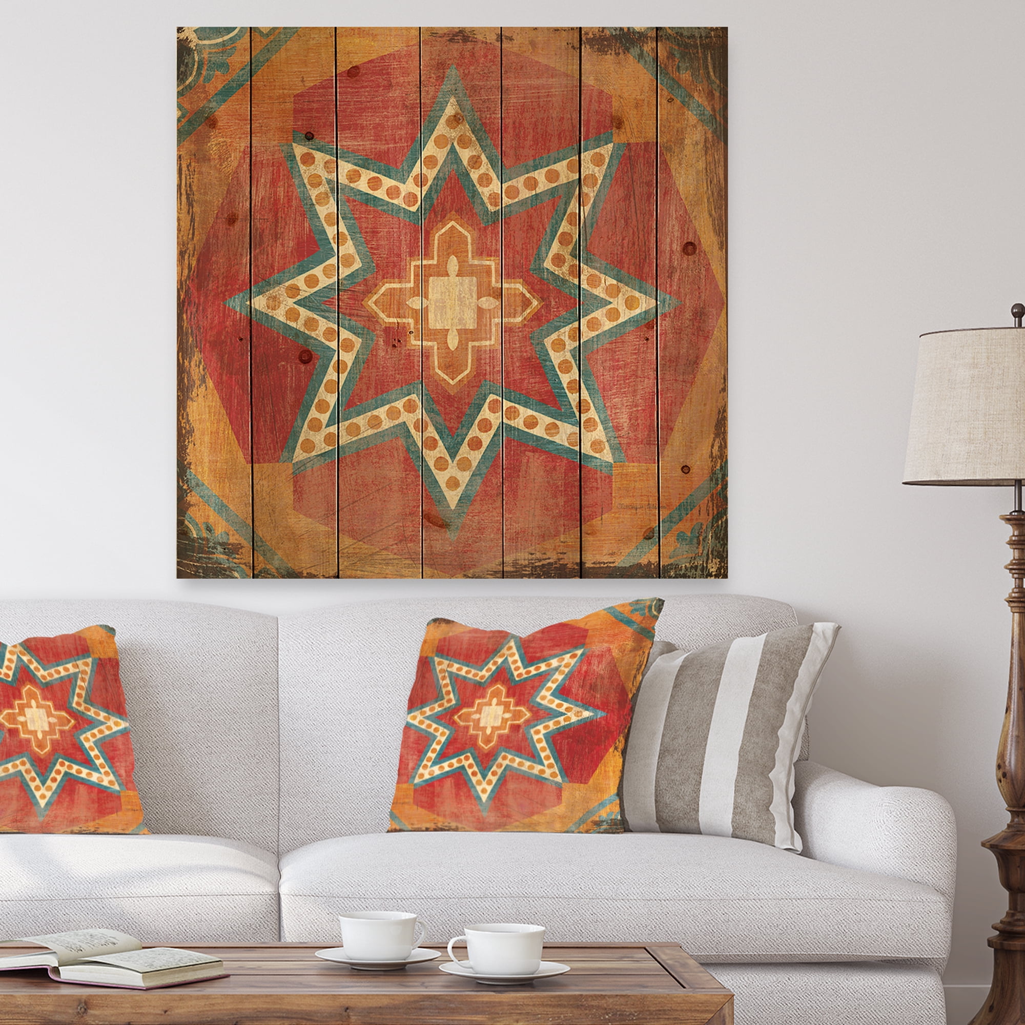 Designart 'Orange Moroccan Tiles Collage I' Bohemian Chic Print on Natural Pine Wood