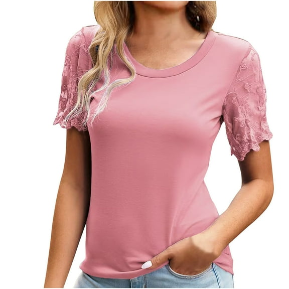 Mittory Womens Dressy Tops Casual Floral Embroidery Mesh Short Sleeve Shirts Slim Fit Summer Blouse