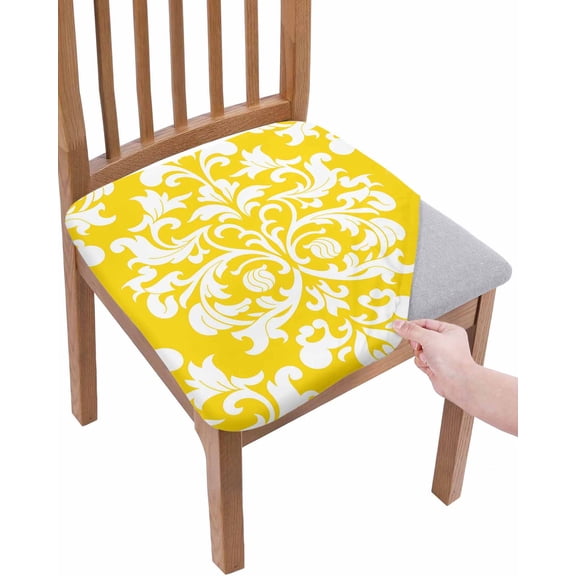 Baroque Yellow Chair Seat Covers for Dining Room Stretch Chair Seat Covers Set of 2, Vintage Damask Classic Floral Chair Seat Protector Cushion Slipcovers for Kitchen Restaurant Office