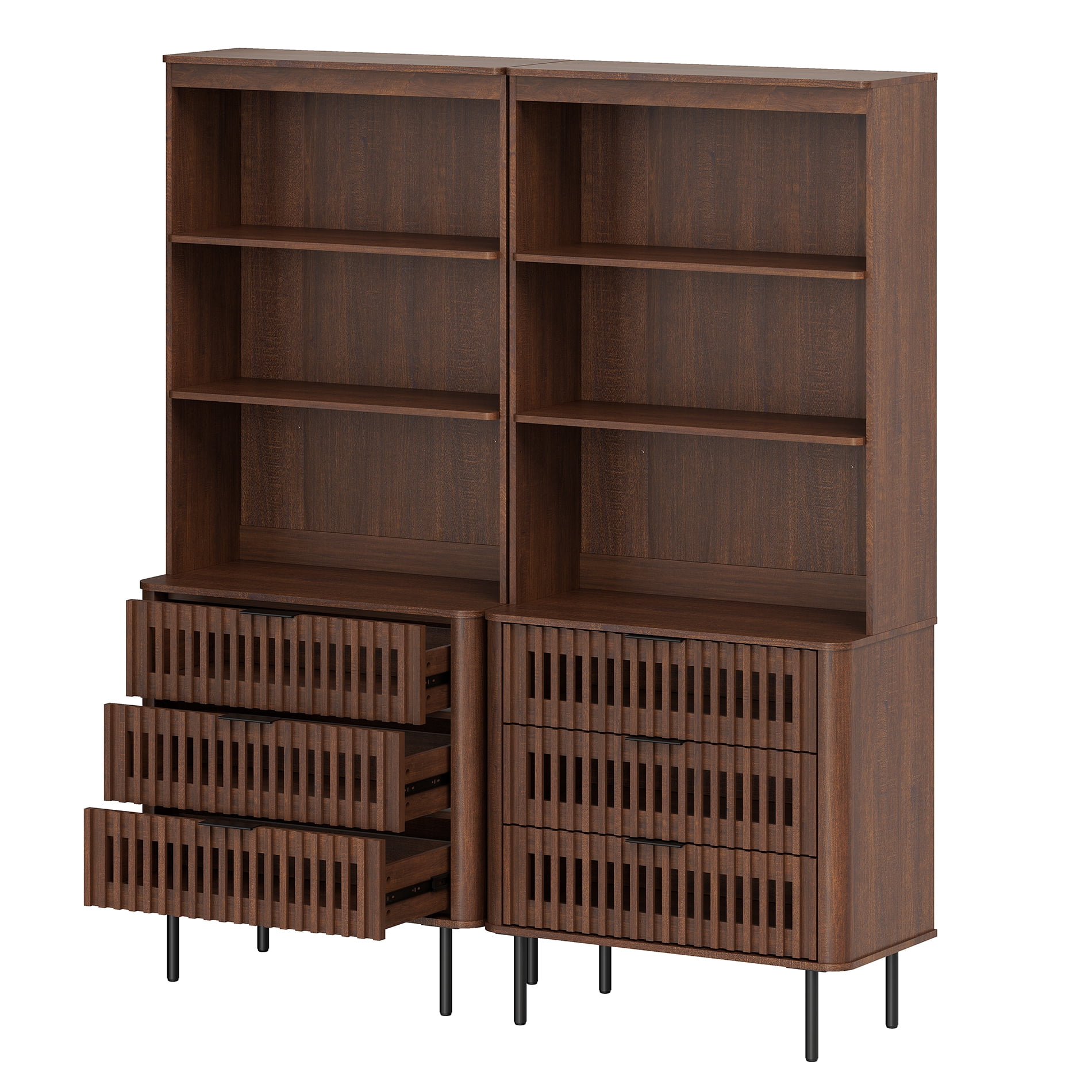 WAMPAT 72.8" Tall 3-Tier Bookshelf with Large Drawer, Modern Bookcase with Storage, Adjustable Shelves, Wood Storage Cabinet, Walnut, 2 PCS