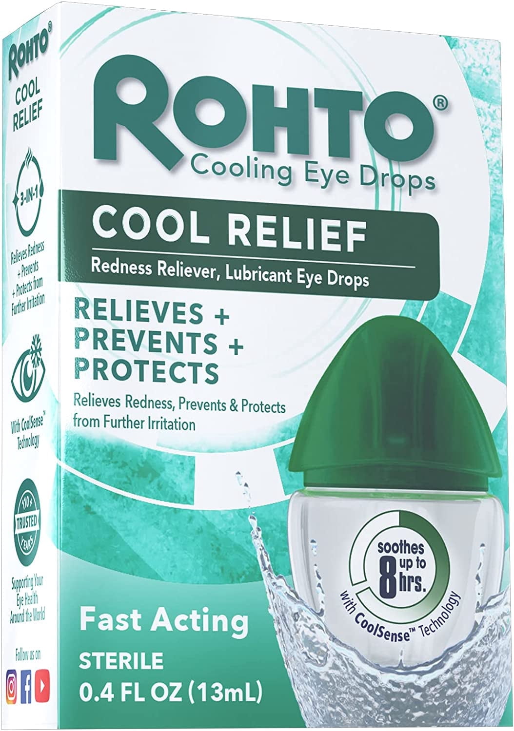 Rohto Cool Relief Cooling Eye Drops, Redness Reliever & Lubricant, Fast Acting, 0.4 fl oz (Pack Of 3)