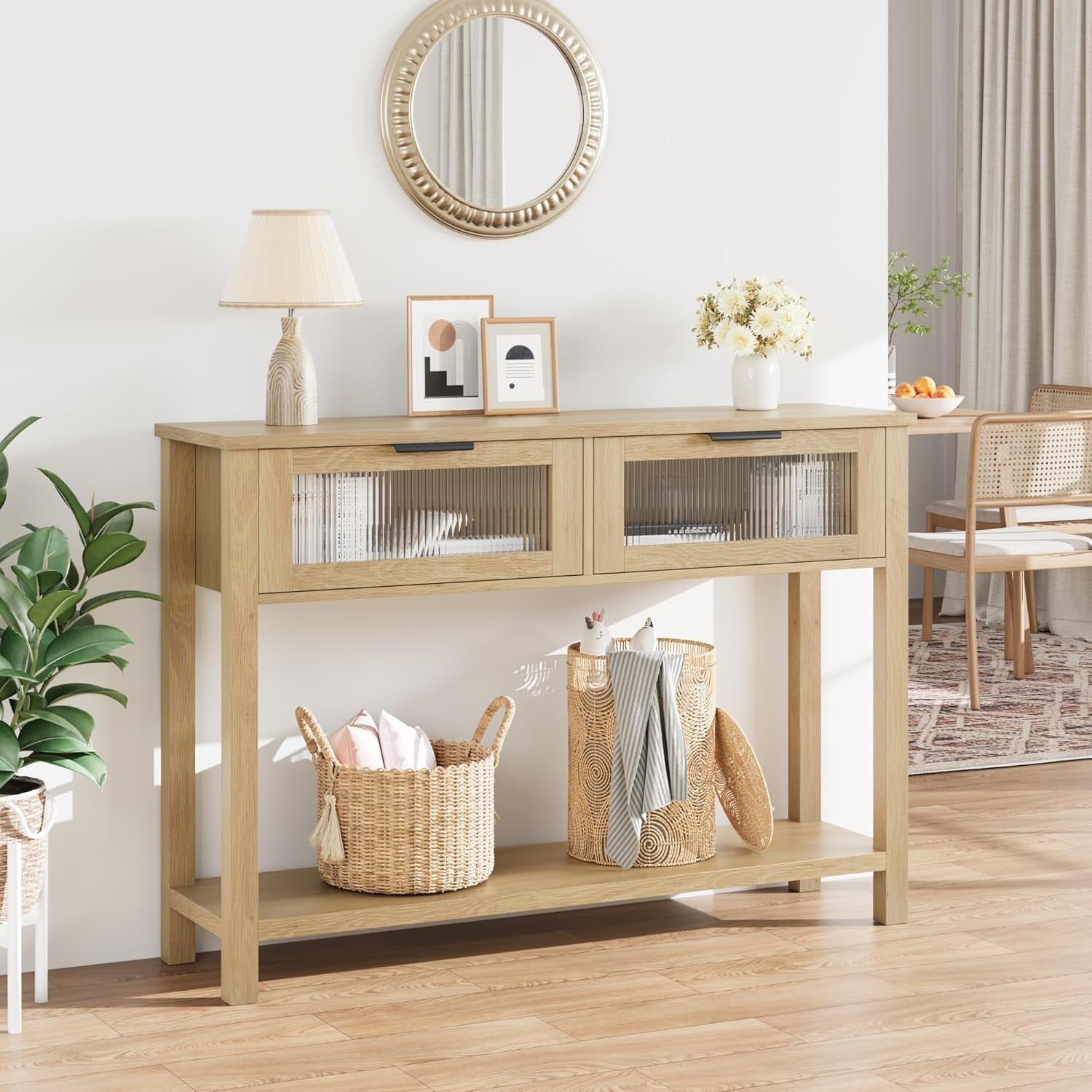 PYY Modern Rustic Console Table with Glass Drawers – 2-Tier Narrow Wooden Sofa Side Table, Open Storage Shelf for Entryway, Living Room, Hallway and Home Office – Natural Wood Color