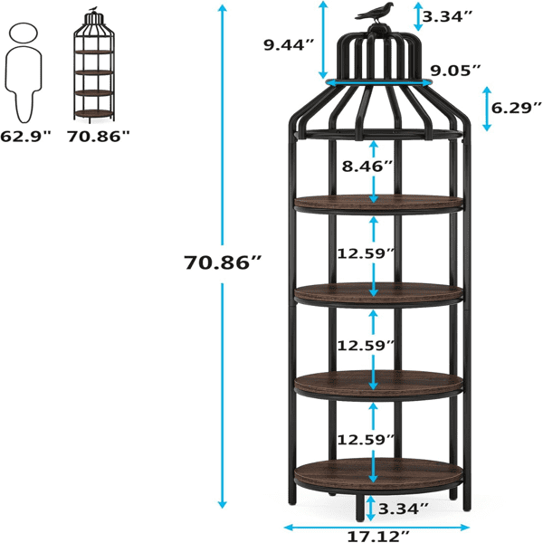 4-Tier Birdcage-Shaped Corner Bookshelf, Vintage Wood Grain & Black Metal Frame, 25lbs/Shelf, Multi-Functional for Living Room/Bedroom/Balcony