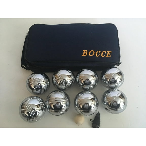 BuyBocceBalls Listing - 73mm Metal Bocce/Petanque Set with 8 Silver Balls and Blue Bag - Single