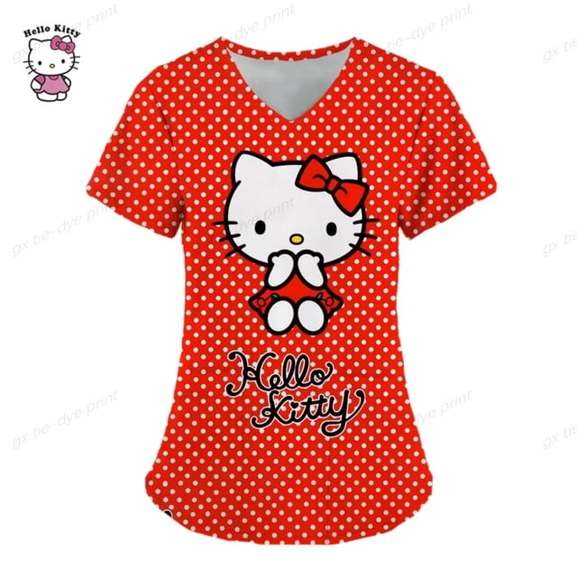 Uniforme de enfermera de manga corta para mujer, blusa de bolsillo de Hello Kitty, Tops de enfermería, accesorios de uniformes médicos
