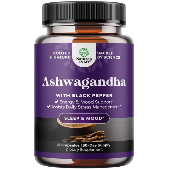 Natures Craft 1300mg Ashwagandha Root Capsules, Relaxation and Mood Support Supplement, 60 Ct