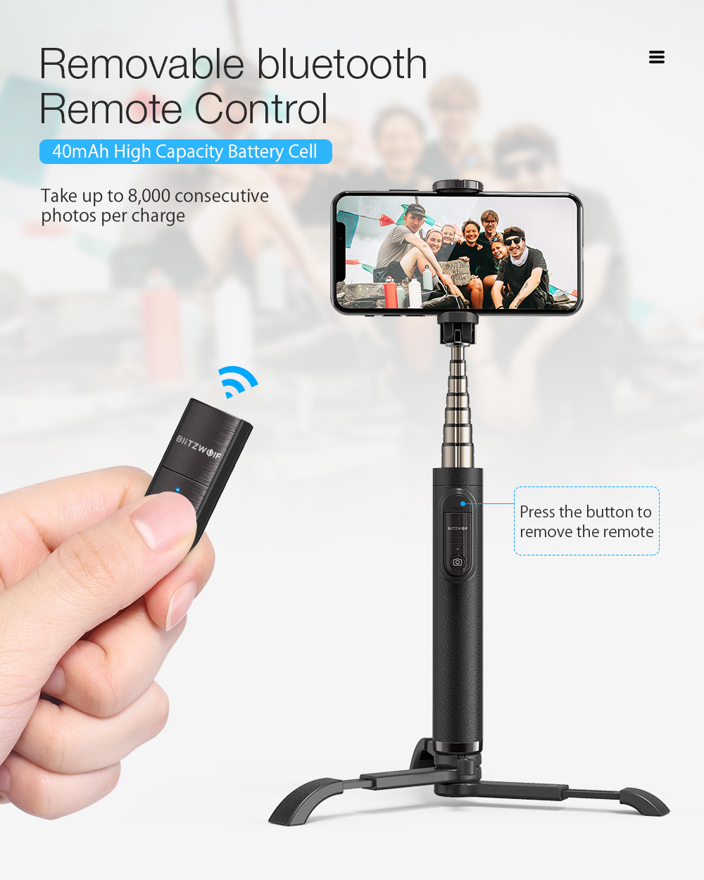 BlitzWolf Selfie Stick Tripod, Bluetooth Wireless Phone Stick Stand, All In One Integrated Detachable for iPhone Android Cell Phone Sport Camera - Black - image 4 of 9