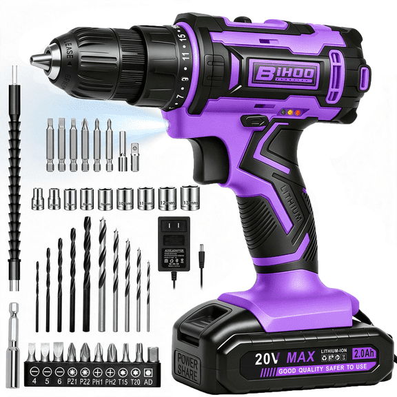 BIHOO 20V Cordless Drill Driver Kit, Purple Power Drill with 2.0Ah Battery and Charger, 3/8-Inch Keyless Chuck, 2Variable Speed for Home DIY Projects