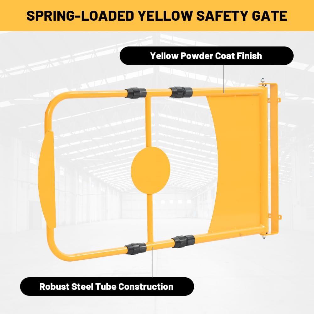 Universal Warehouse Safety Swing Gate, Retractable Manual-Closing Swing Gate for Square or Round Post Mount, Adjustable Metal Safety Gate 24" to 40" Width Opening, Safety Yellow