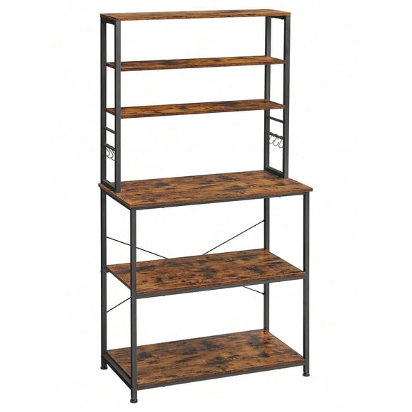Barra de café, Estante de Cocina de 6 Niveles con 6 Ganchos, Soporte para microondas, Industrial, café rústico y Negro
