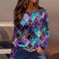 thumbnail image 2 of Mardi Gras Shirts Womens Feathers Print Sequins Long Sleeve Blouse Glitter Crew Neck Purple Graphic Tee Blue M, 2 of 6
