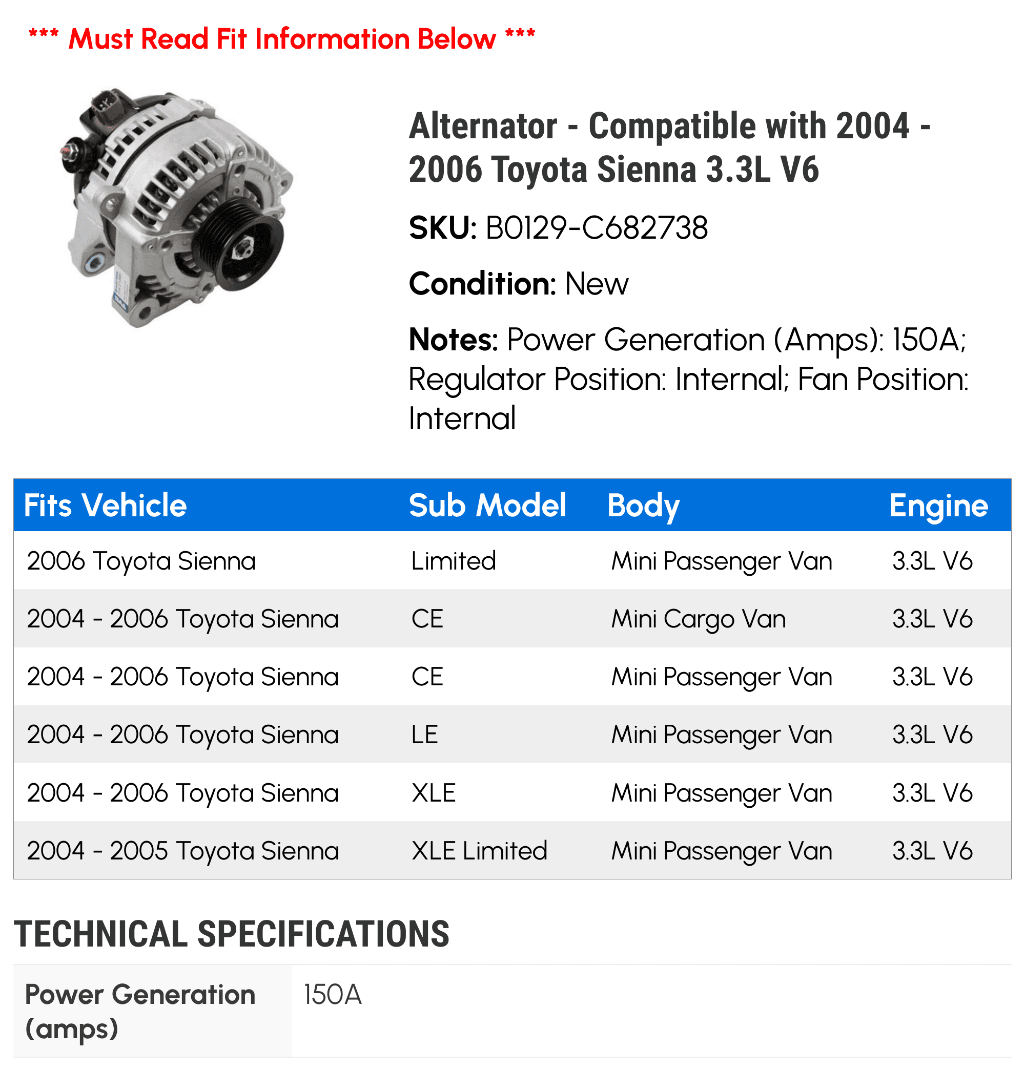 Alternator - Compatible with 2004 - 2006 Toyota Sienna 3.3L V6 2005