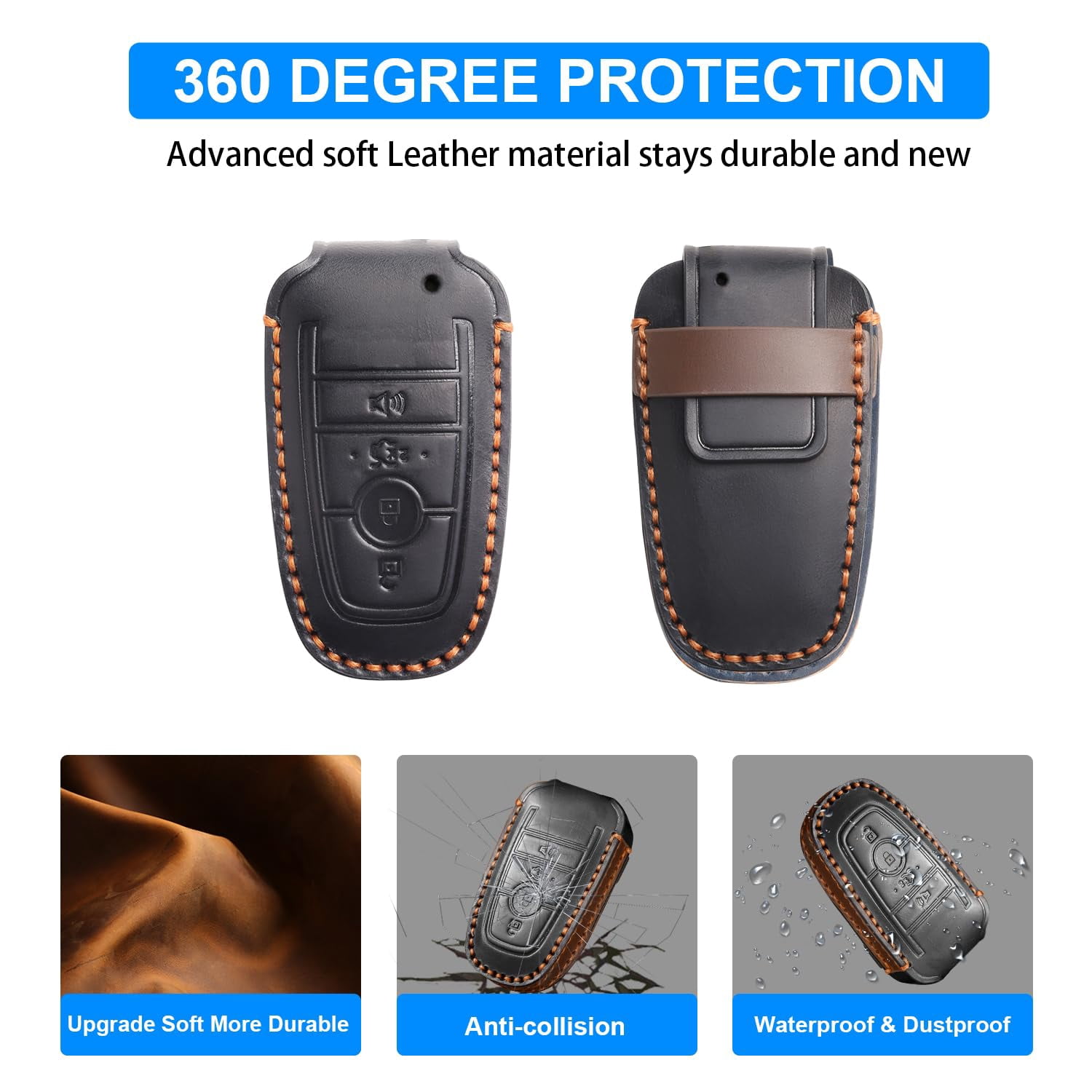 Key Fob Cover Compatible with Fit for Ford Explorer Bronco Escape Expedition Edge F150 Fusion Mustang Ranger Lincoln 4-Button Leather Shell Keychain Case Holder Protector