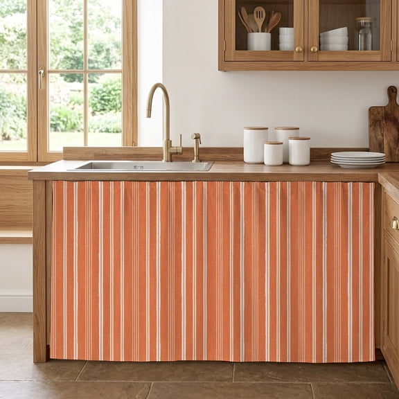Orange Striped Cabinet Curtains for Kitchen 28"Wx51"L, Minimalism Stripes Modern Vintage Farm Abstract Under Sink Skirt Magic Tape Short Curtain Decorative Privacy Panel for Pantry Cabinet Opening