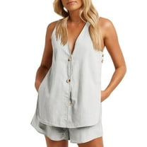 XuJwPNcy Womens Summer Two Piece Outfits Casual Shorts Set Sleeveless V Neck Button down Tank Tops and Pocket Shorts Lounge Set
