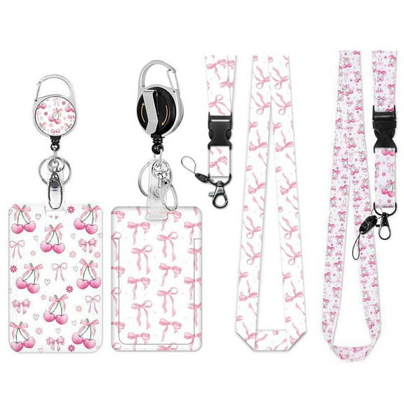 2Pack Badge Holder Retractable Clip with Lanyard,Pink Bow Cherry Print Lanyard ID for Badges