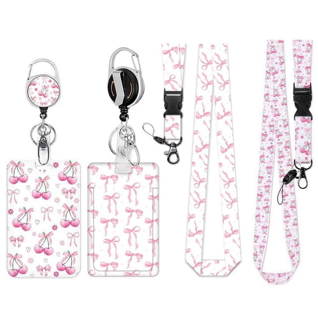 Paquete de 2 Porta Credencial Retráctil con Clip y Cordón, Cordón Estampado Cereza Lazo Rosa Soporte para Identificación