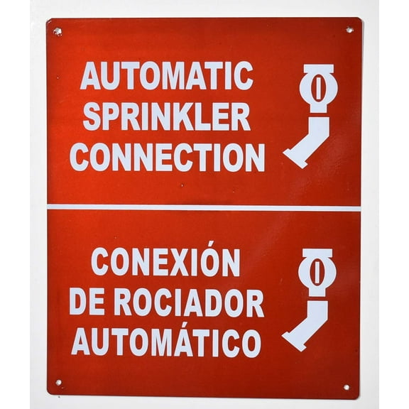 Automatic Sprinkler Connection Bilingual Sign with Symbol Sign with English & Spanish Text and Symbol Sign (Reflective !!,Aluminium, RED Background, 10X12 inch)(ref-2022-4)