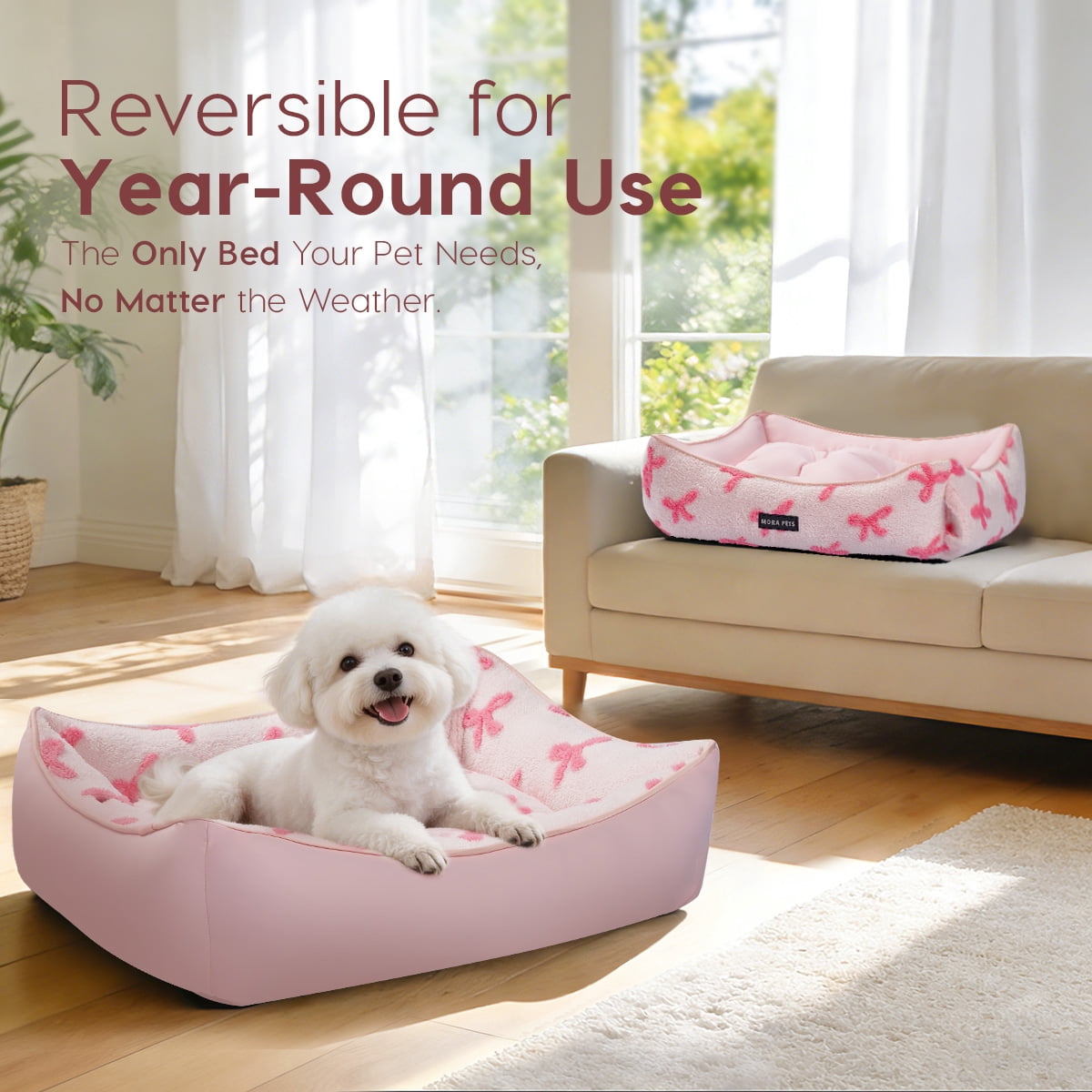 Dog Beds for Medium Sized Dogs Reversible Cool & Warm with Neck Support Sides Washable All-Season , 30"X24",Pink