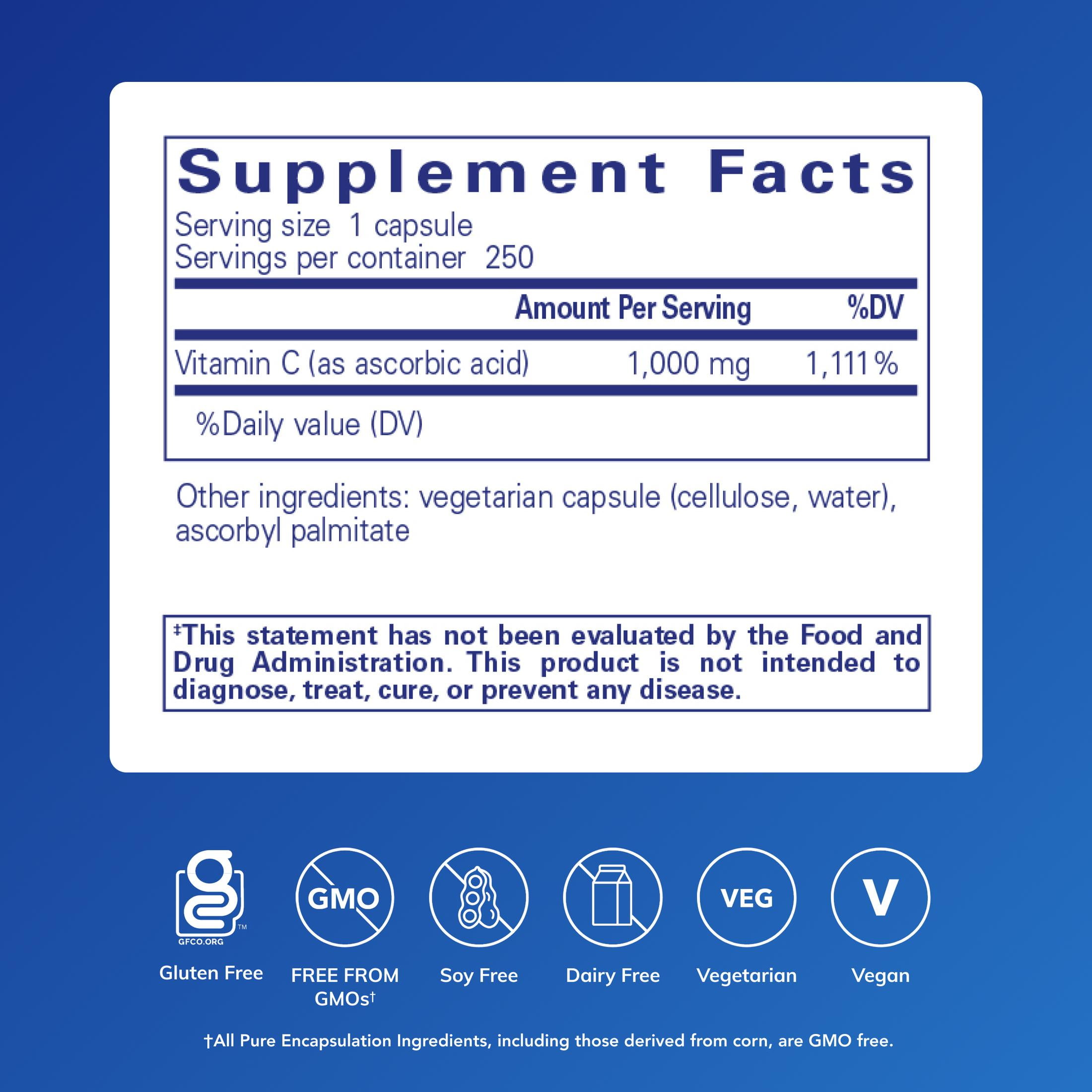Pure Encapsulations Ascorbic Acid Capsules - 1,000 mg Vitamin C - Antioxidant & Immune Support* - High-Potency Vitamin C - Vegan & Non-GMO - 250 Capsules