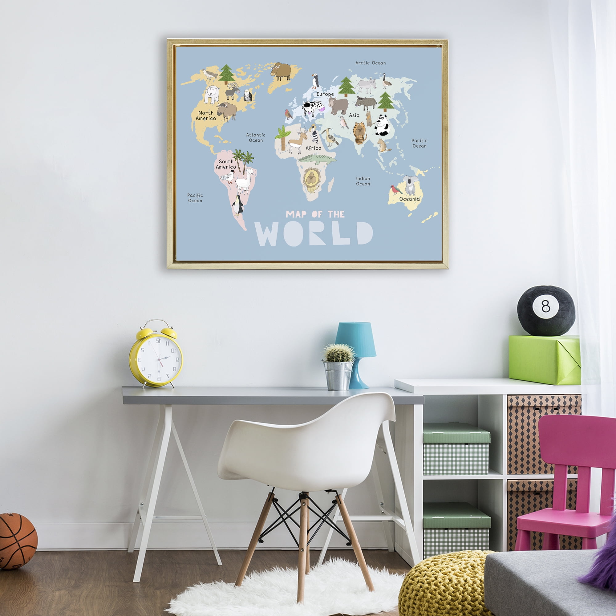 Kid's Map Of World Blue Gold Framed Floater Canvas Wall Art, design by Carla Daly