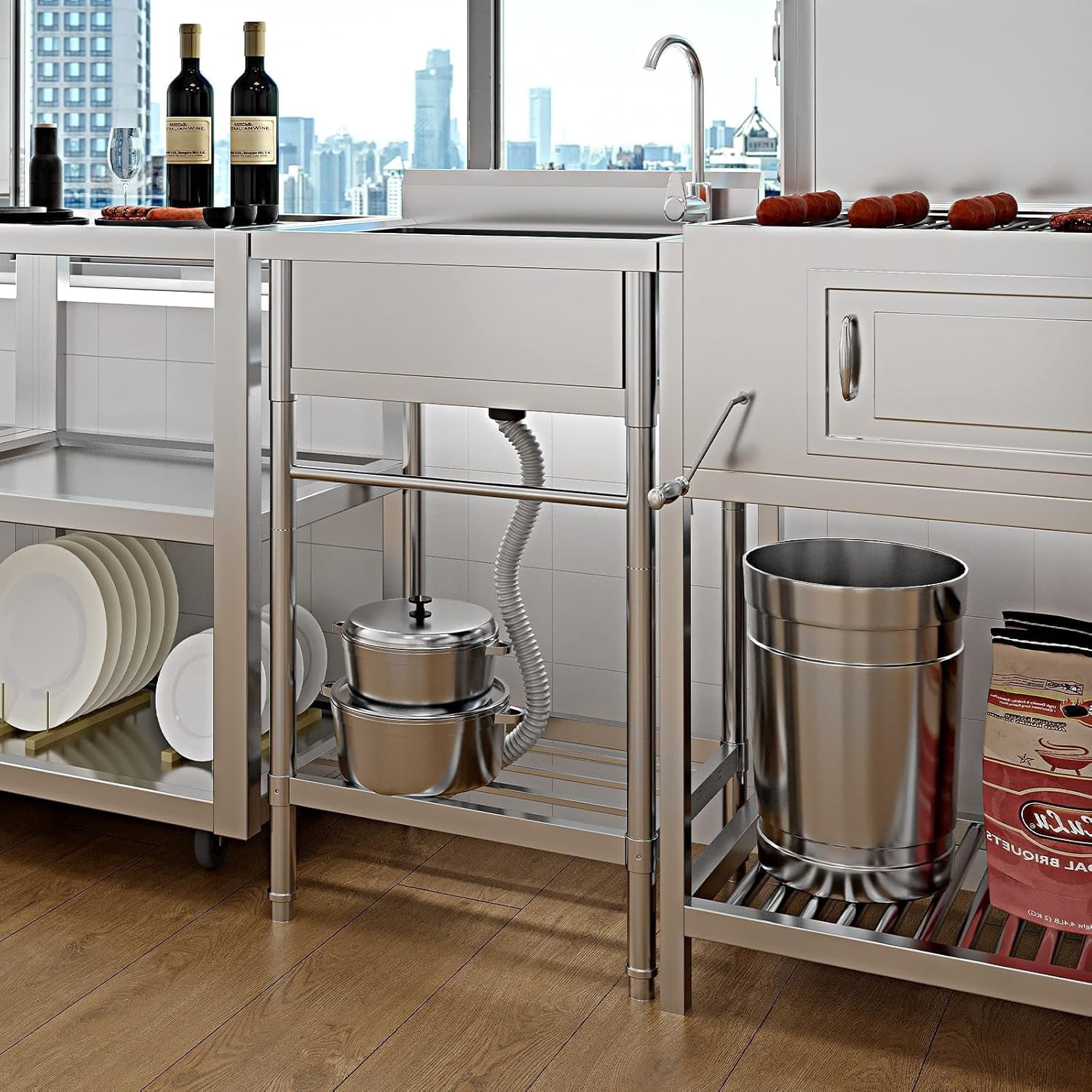 Stainless Steel Utility Sink, 24x20 in Freestanding Laundry Sink with Cold and Hot Water Pipe, 360 Rotating Faucet & Storage Shelf, Rust Resist & Easy to Clean for Kitchen