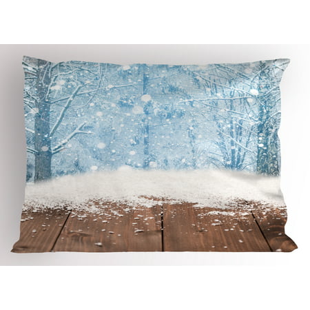 Winter Pillow Sham Blizzard Scenery Nature Wooden Planks Cold Morning Pine Trees Outdoors, Decorative Standard Queen Size Printed Pillowcase, 30 X 20 Inches, Caramel Pale Blue White, by