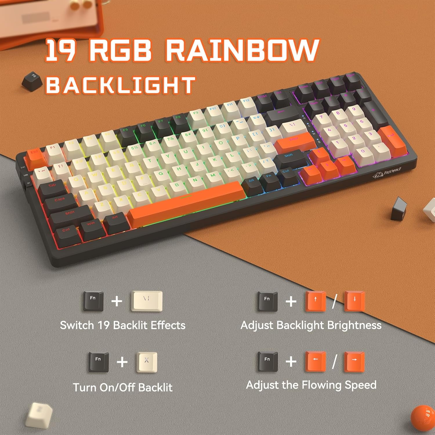 ZIYOULANG K8 3-Mode Wireless Mechanical Keyboard with Coiled Cable, BT5.0/2.4G/Wired, 19 Backlit,100 Keys Hot Swappable Red Switch Gasket RGB with Number Pad for PC Gamers/Mac/Windows/Laptop-Orange