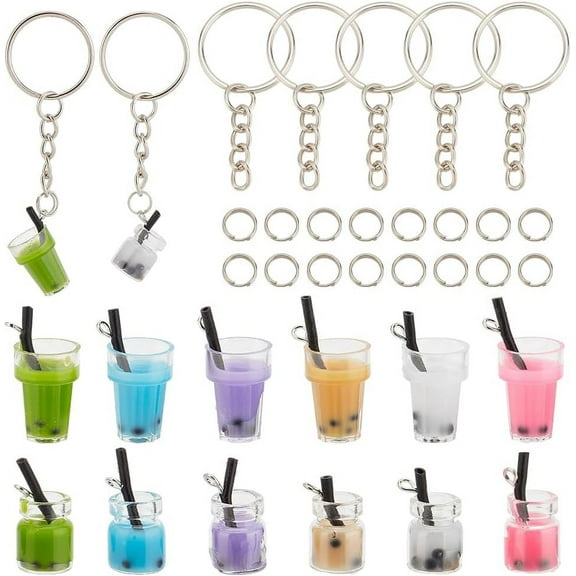 DIY Cup Keychain Making Kit Including Glass & Plastic Pendants Iron Split Rings & Split Key Rings Mixed Color 78Pcs/set