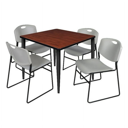 42 Square Breakroom Table- Cherry Top- Black Base & 4 Zeng Stack Chairs- Grey