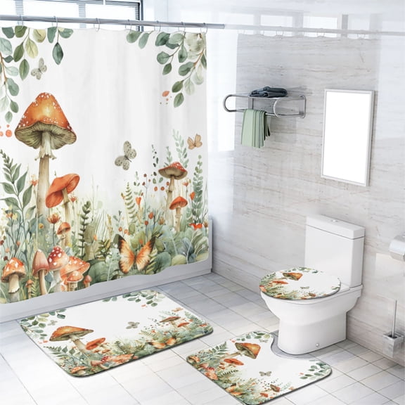 Mushroom Forest Shower Curtain Set with Rugs Watercolor Floral Butterflies Bathroom Decor Bath Curtain with Rugs Toilet Lid Cover Bath Mat, 72x72 Inch
