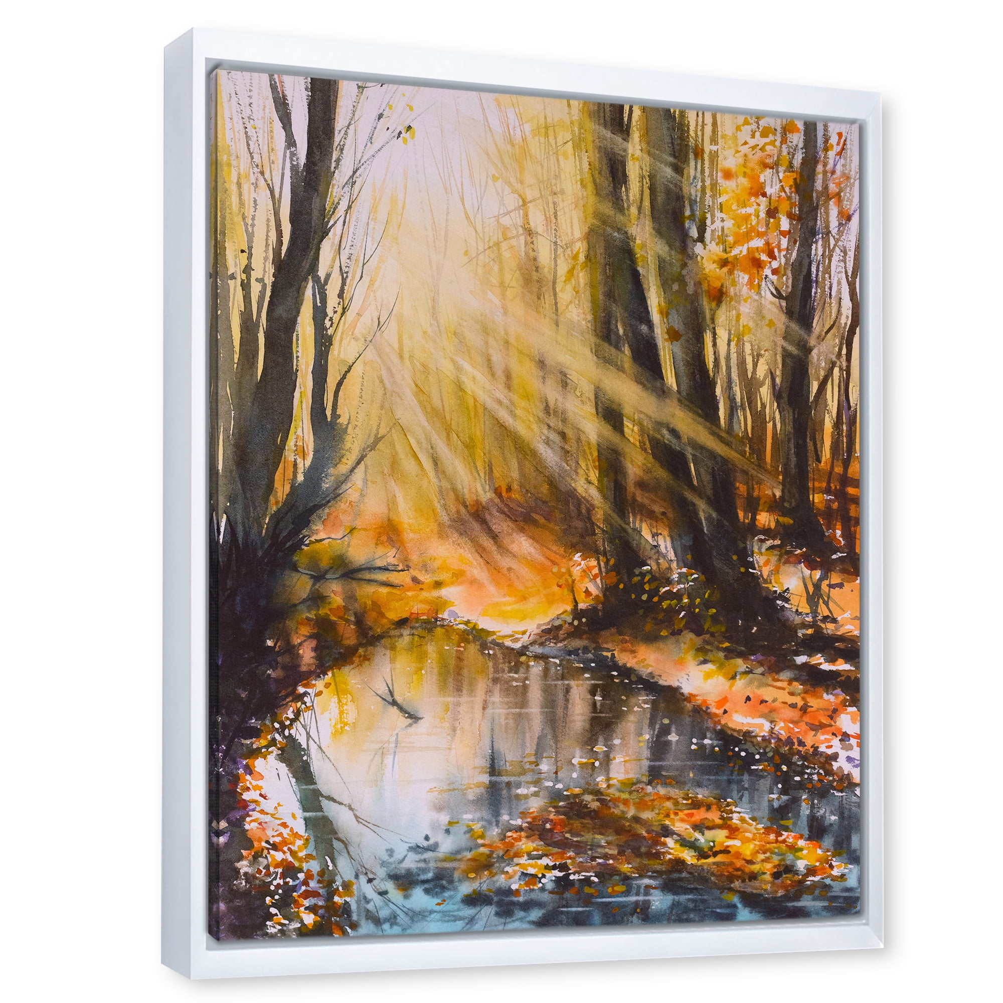 Designart 'Bright Sunshine Through The Brown Forest Trees' Lake House Framed Canvas Wall Art Print