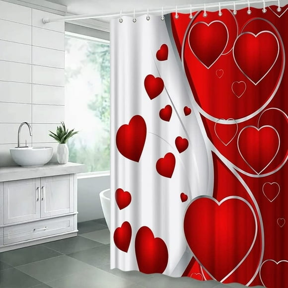 Rideau de Douche Saint-Valentin Cœur Rouge Romantique Abstrait Floral Amoureux Couple Décoration de Salle de Bain Créative Rideau en Tissu avec Crochets